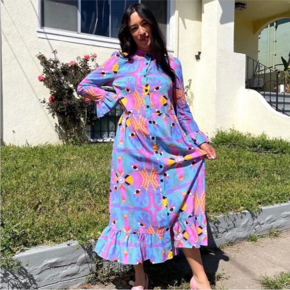 Nooworks Mucci Olive Dress Eye Rainbow Button Front Long Sleeve Maxi NEW Large - Picture 8 of 8